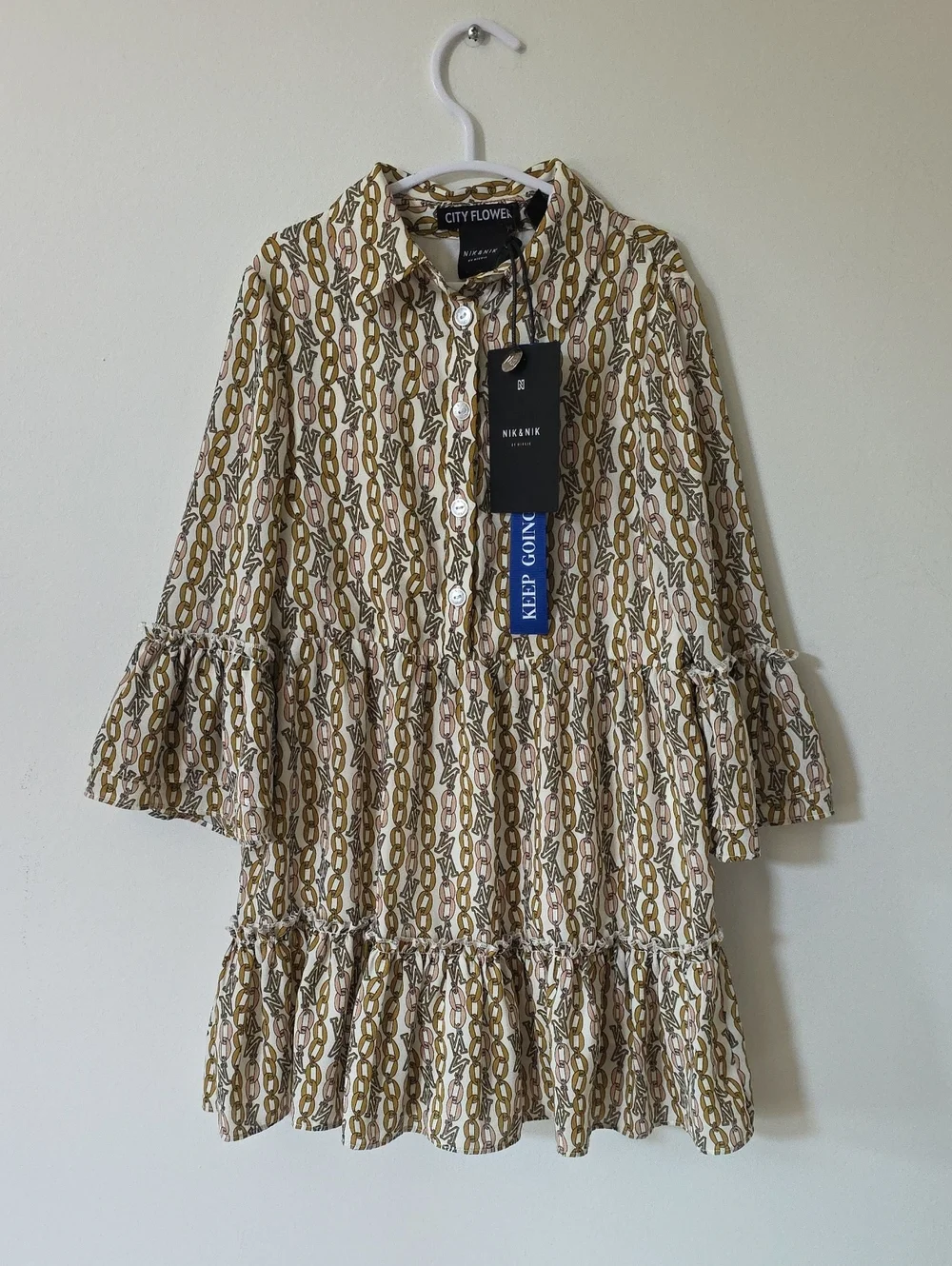 NWT Nik & Nik Printed Ruffled Crêpe Dress - Beige Chain Print, Size 6